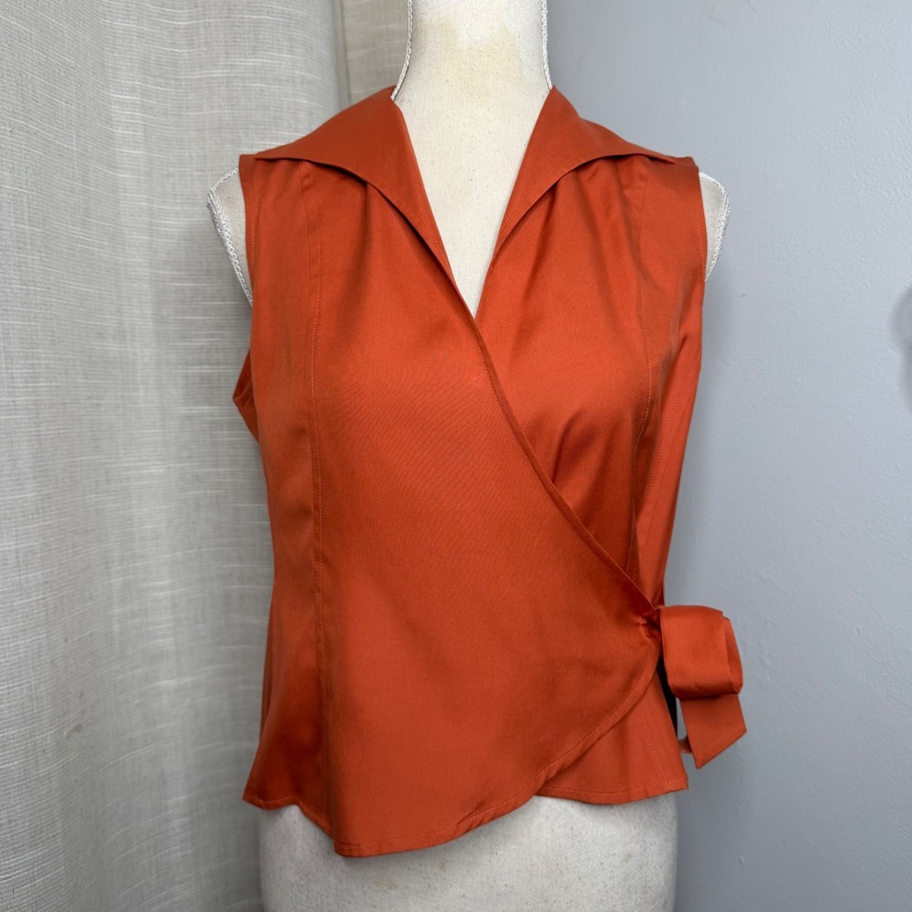 Kate Hill Wrap Blouse 100% Silk Sleeveless Burnt Orange Women's Size 8P 8 Petite